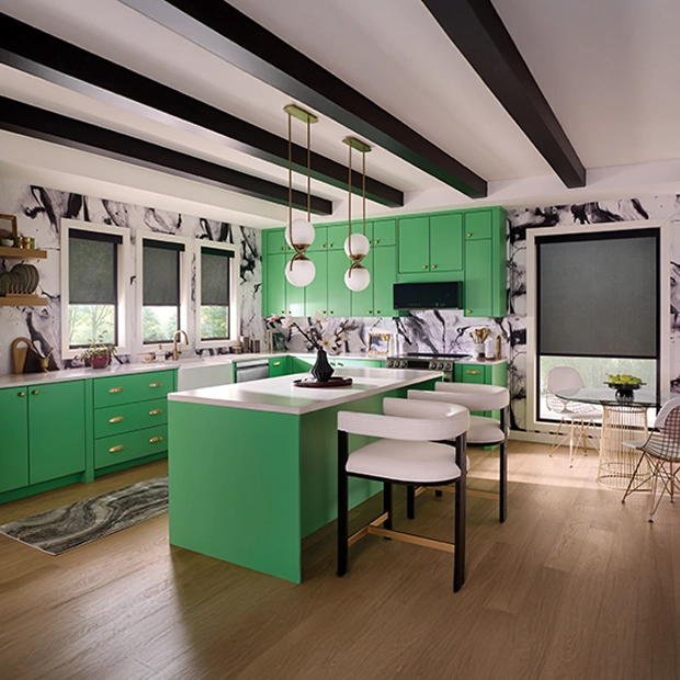  Gray solar shades on windows in a green kitchen