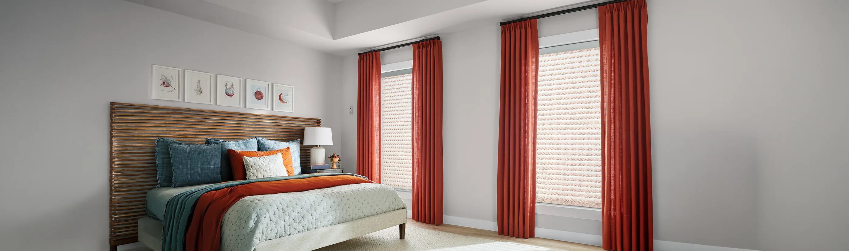 red draperies in a large spacious bedroom