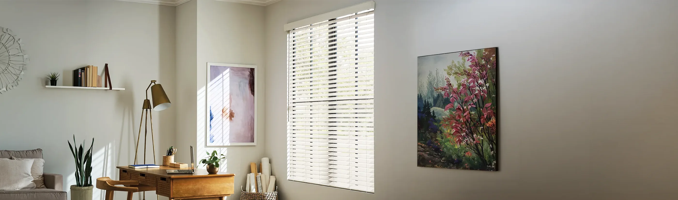 White blinds in a corner of a living room window