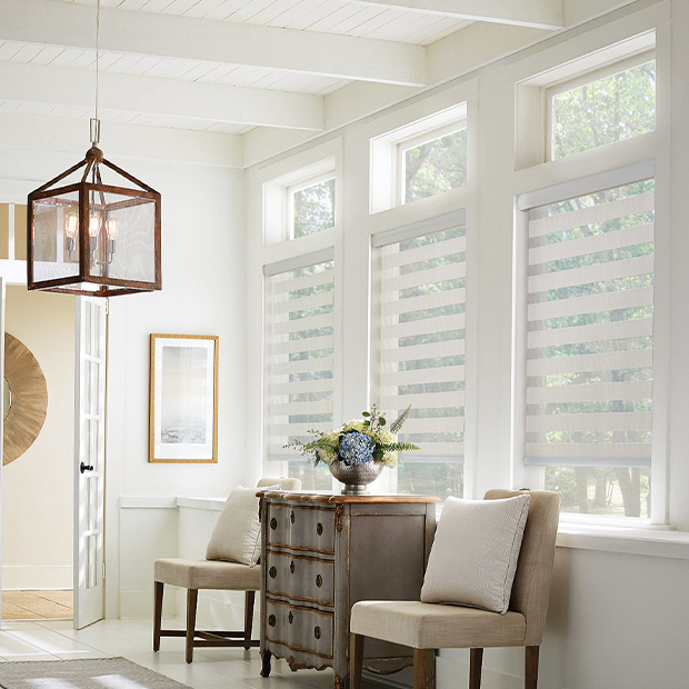 Transitional shades in a large living room