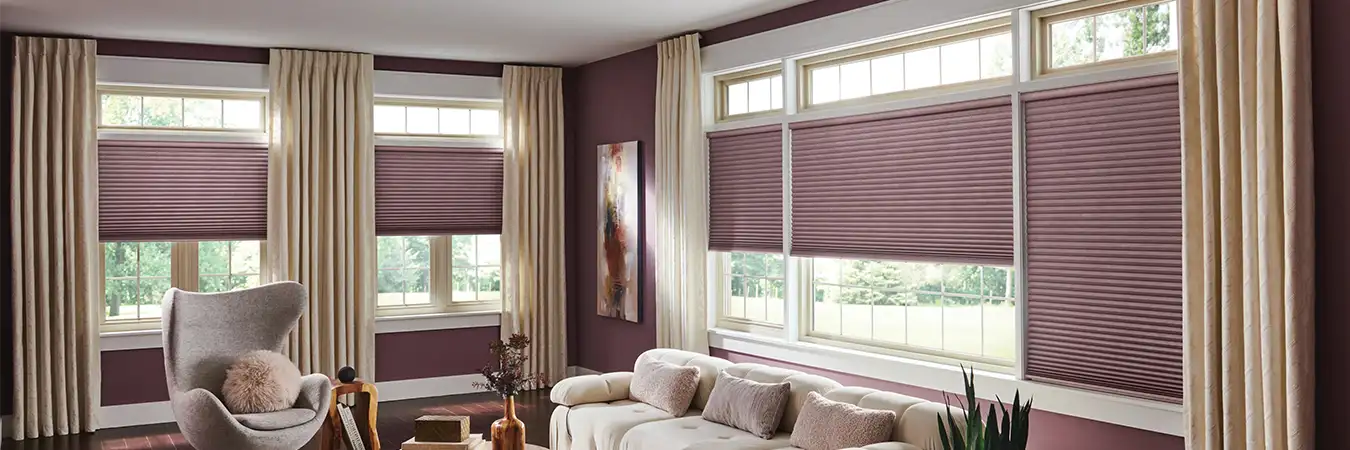 Mauve cellular blinds and tan drapes on windows in a mauve living room
