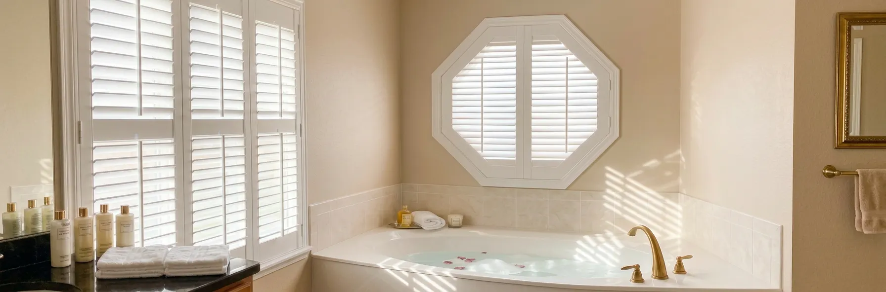 Octagon window with polywood white shutters above a white whirlpool tub