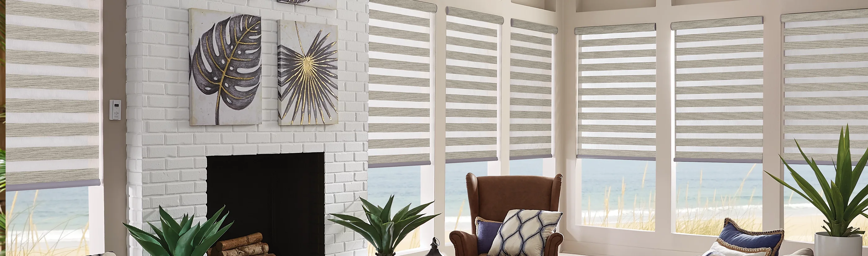 transitional shades in light gray on seven windows of a living room