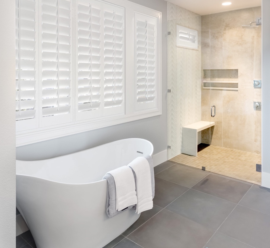 Plantation shutters in modern bathroom