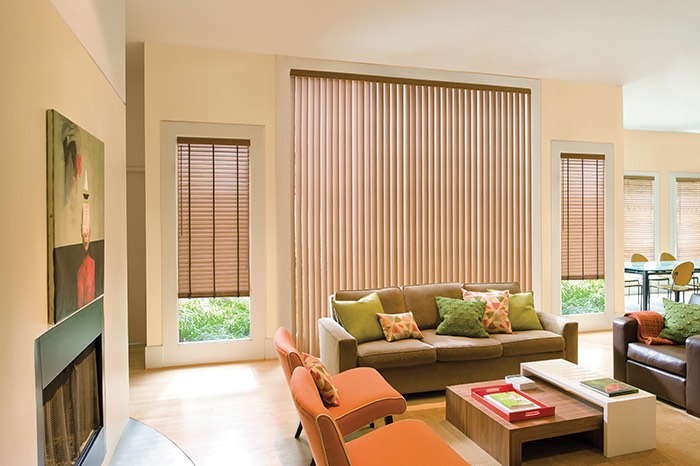 Wood blinds in a living room