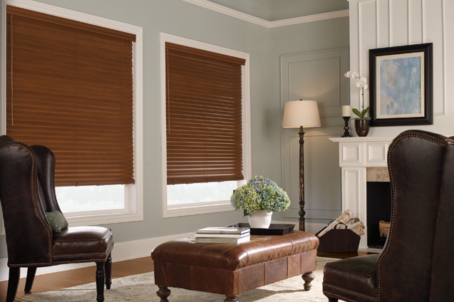 Wood blinds in a small but stylish living room.