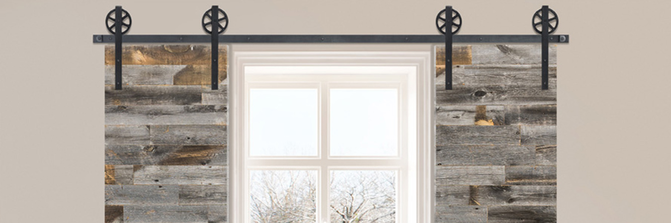 Rustic barn door shutters in a living room.