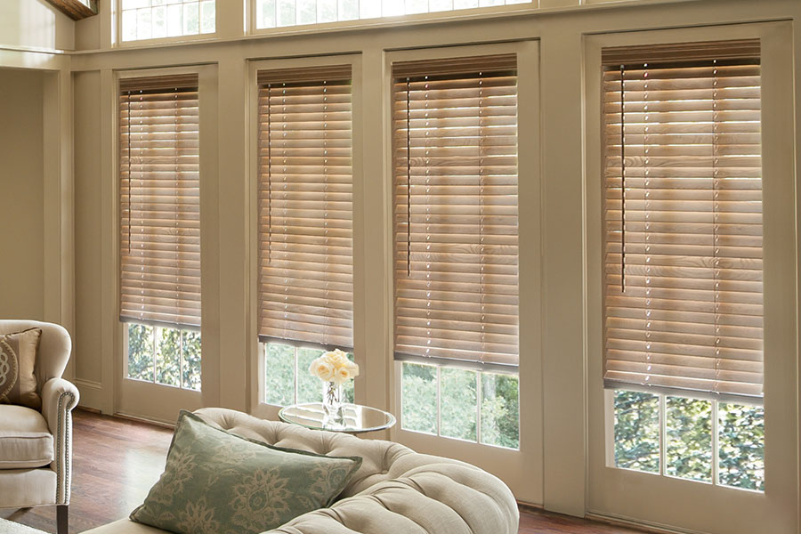 Basswood blinds in a rustic style living room.
