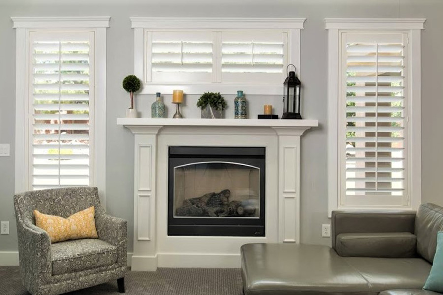 White polywood shutters in a living room