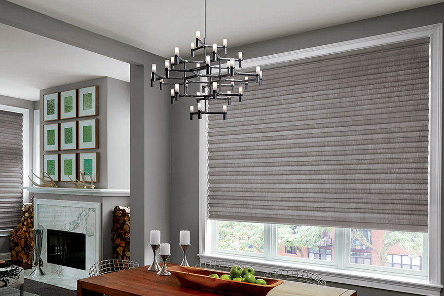 Gray cellular shades in a great room