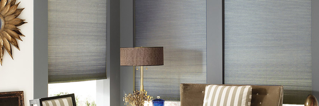 Dark gray cellular shades in a corner of a modern living room.