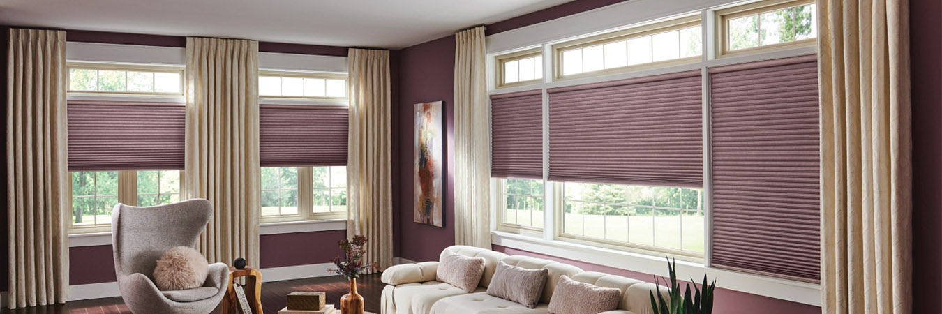 Purple window shades on large living room windows