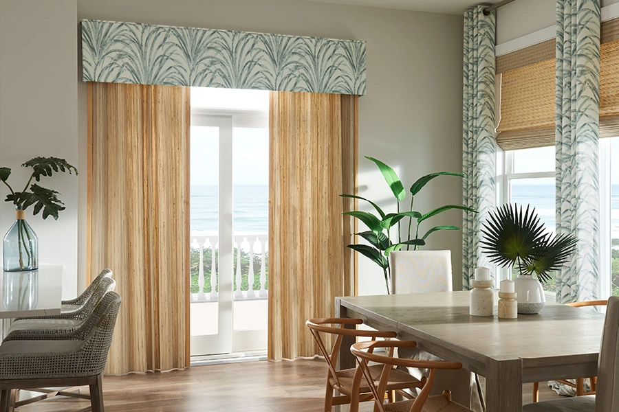 Tan drapes on either side of French doors