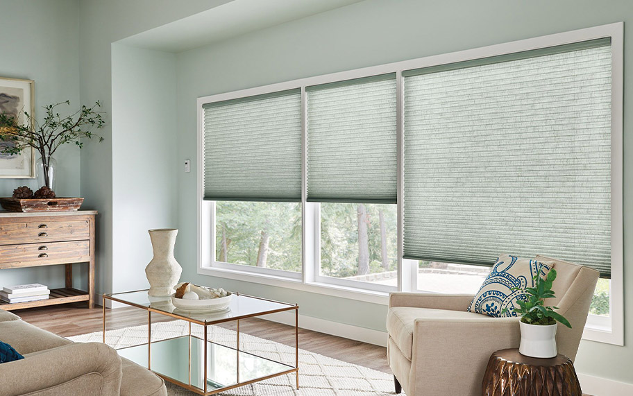 Sage green cellular shades in a living room