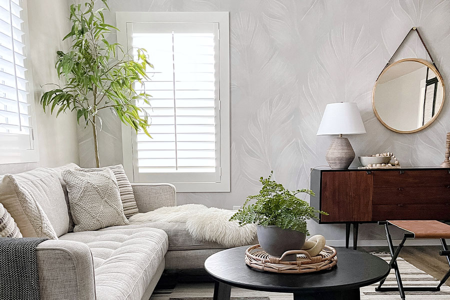 White polywood shutters in a stylish living room