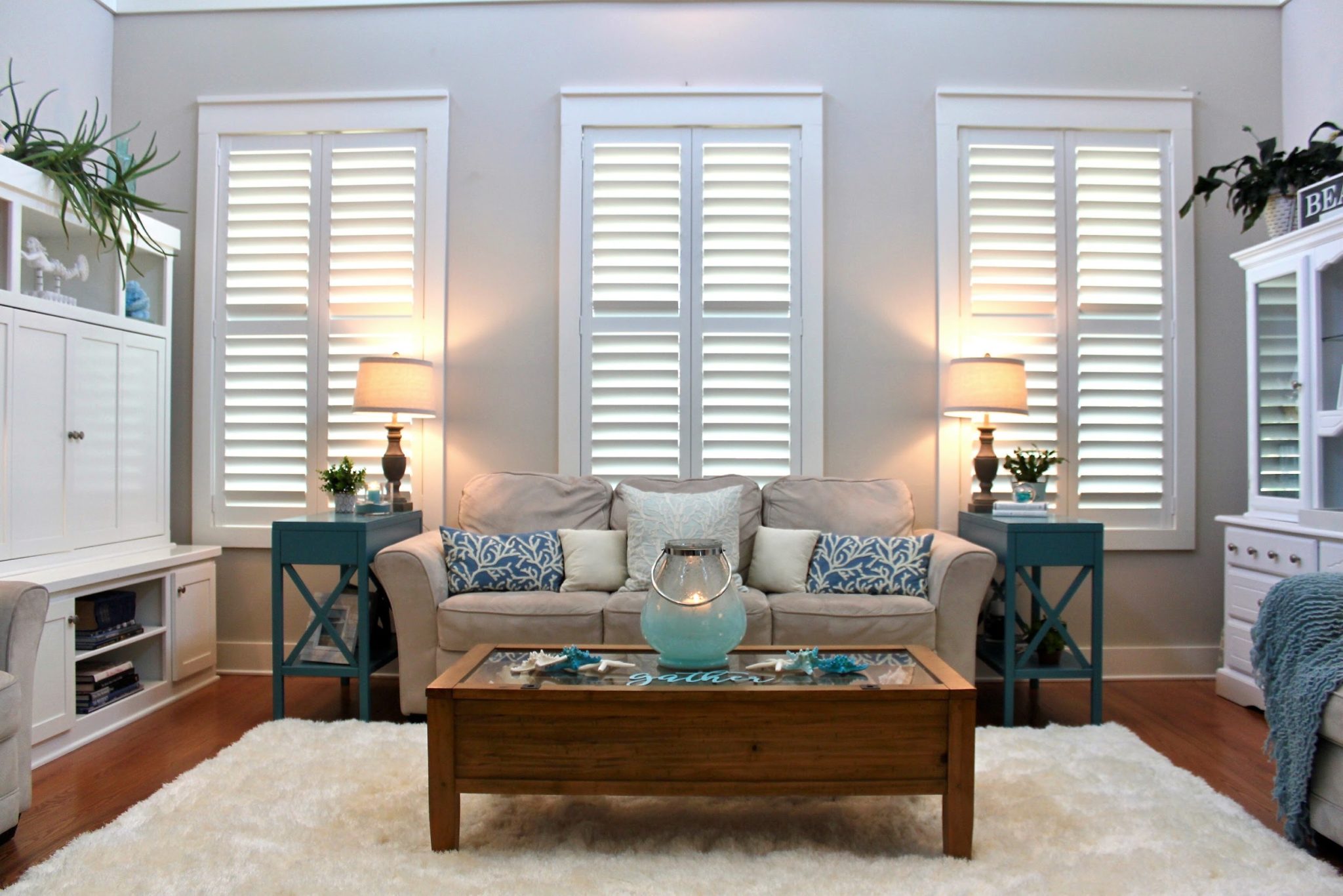 White Plantation Shutters in Living Room 