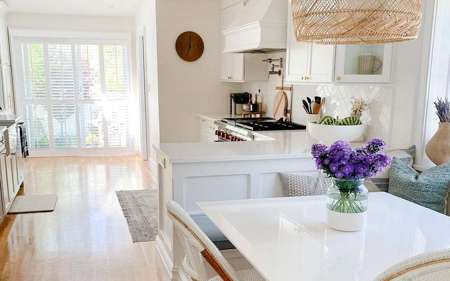 Oak wood floors in a kitchen.