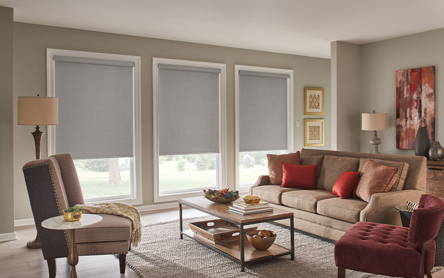 Light gray shades in a large living room