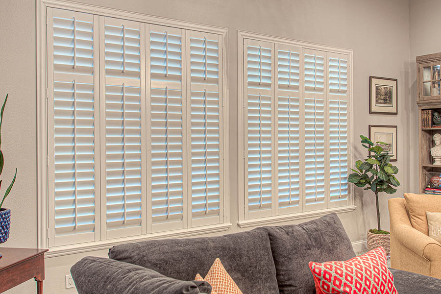 White polywood shutters in a living room