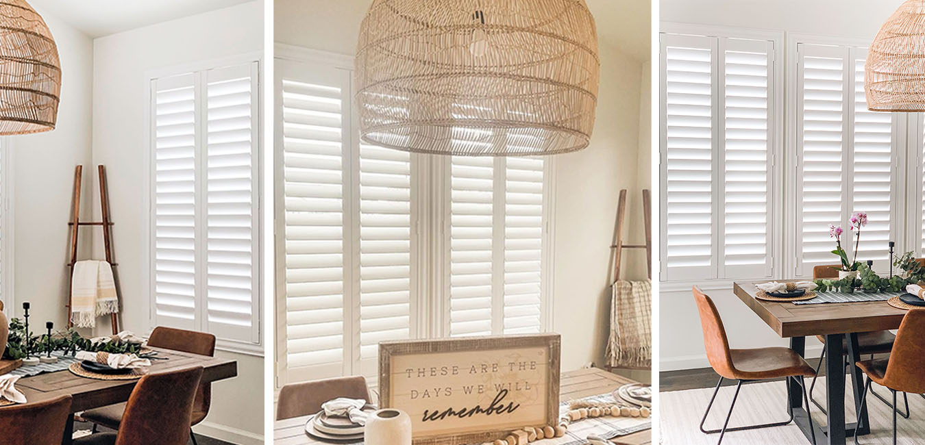 Collage of photos of white Polywood shutters in differently styled dining rooms