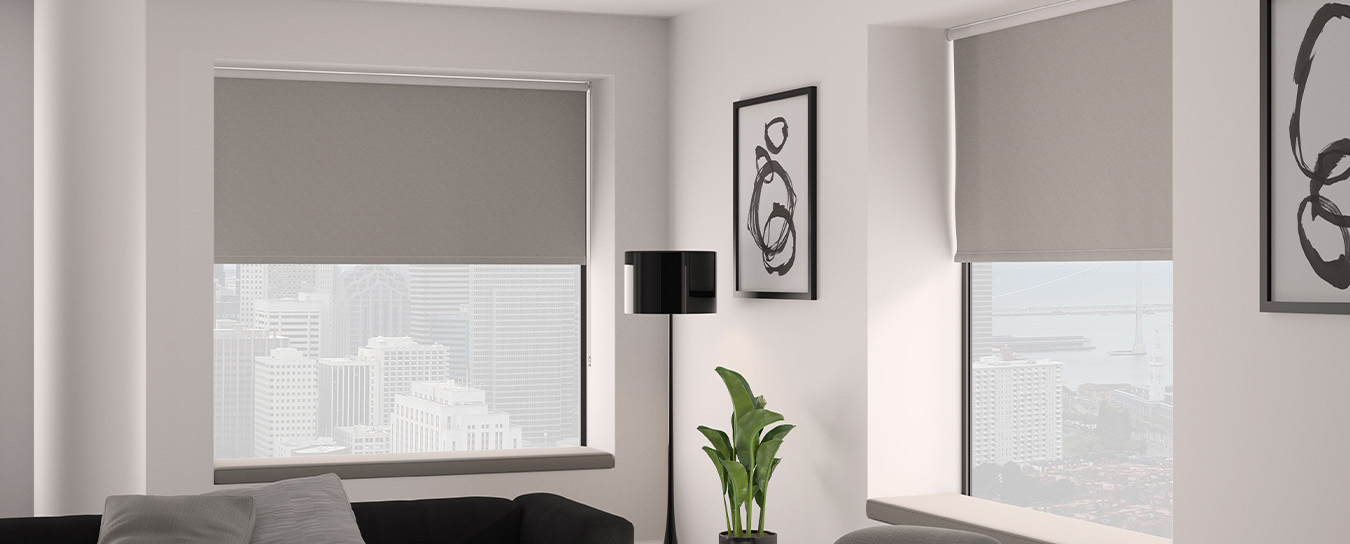 Eclipse silver roller shades in a living room.