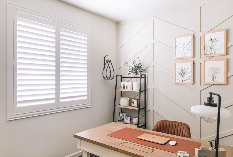 White Polywood shutters in a modern farm house style office