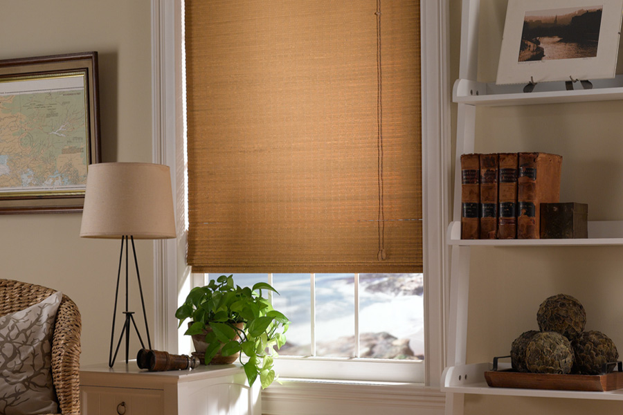 Tan Roman shade in a small living room window.