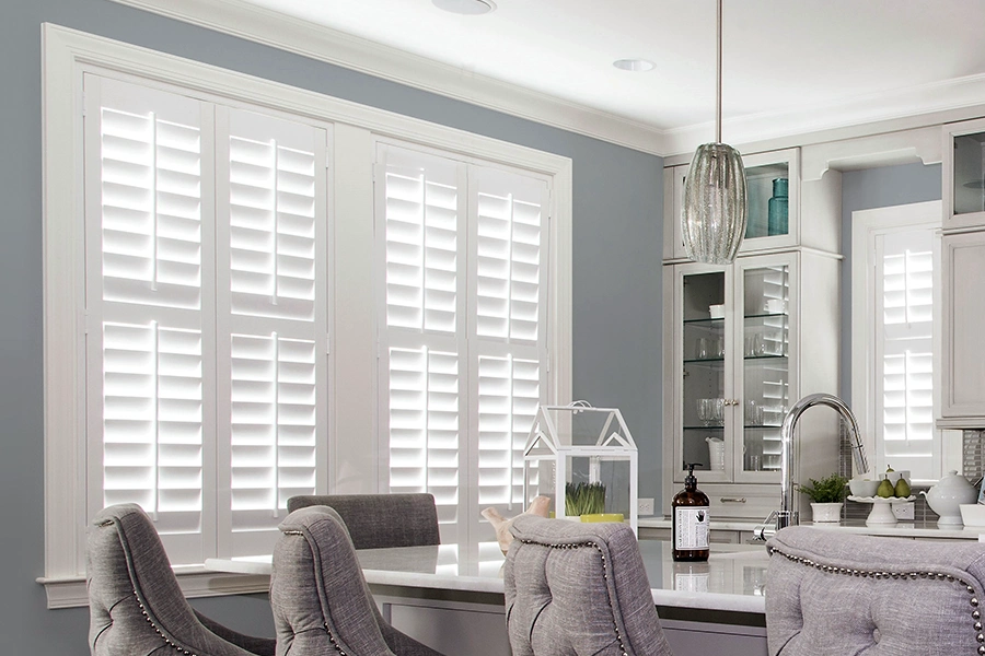  White Polywood shutters on a large kitchen window