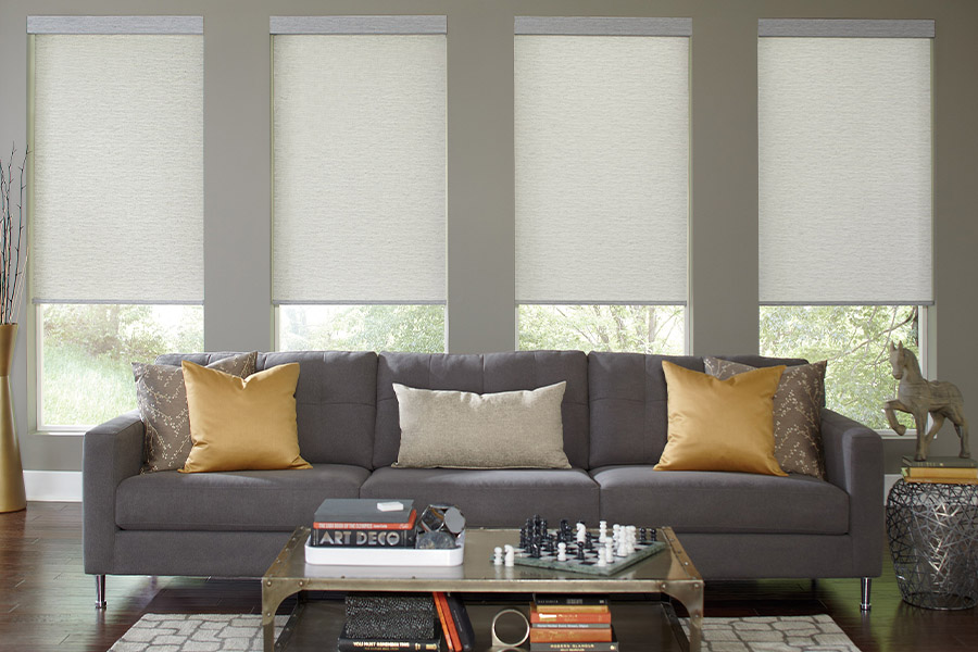 Stylish cellular shades add color and energy efficiency to your living room windows. Gray cellular window shades on windows in a modern gray living room