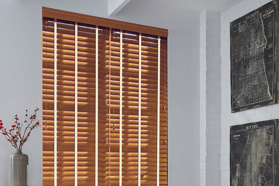Wood blinds on a dining room window