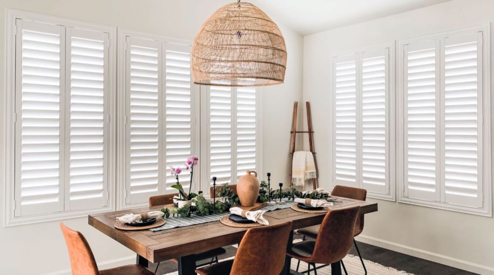 Photo credit: Nicole W, Our Lakepoint Farmhouse Polywood window treatments in a dining room