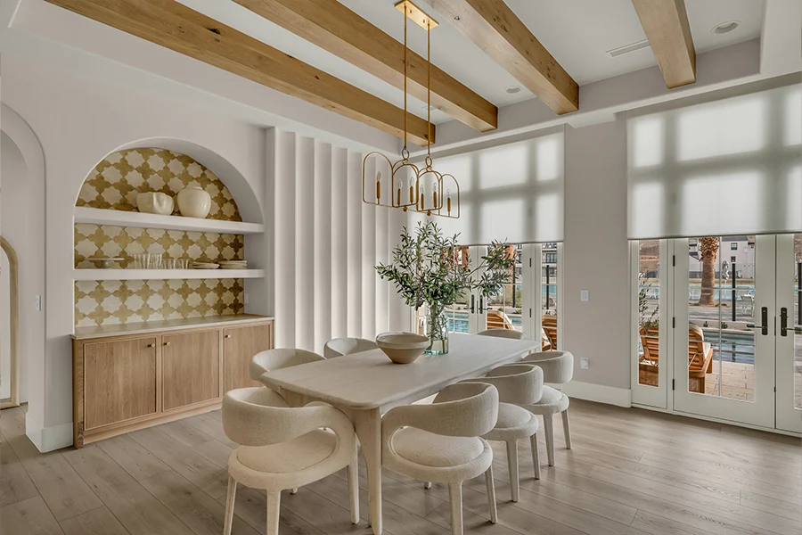 White window shades on dining room French doors