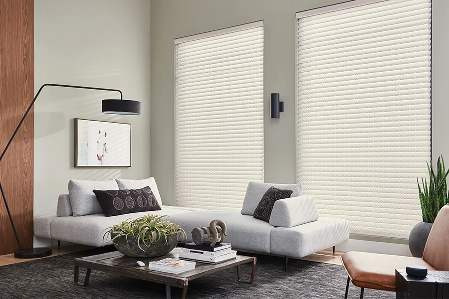 Make blocking hot UV rays a cinch by installing automatic motorized shades on large, sunny windows. White window shades pulled down over large windows in a living room