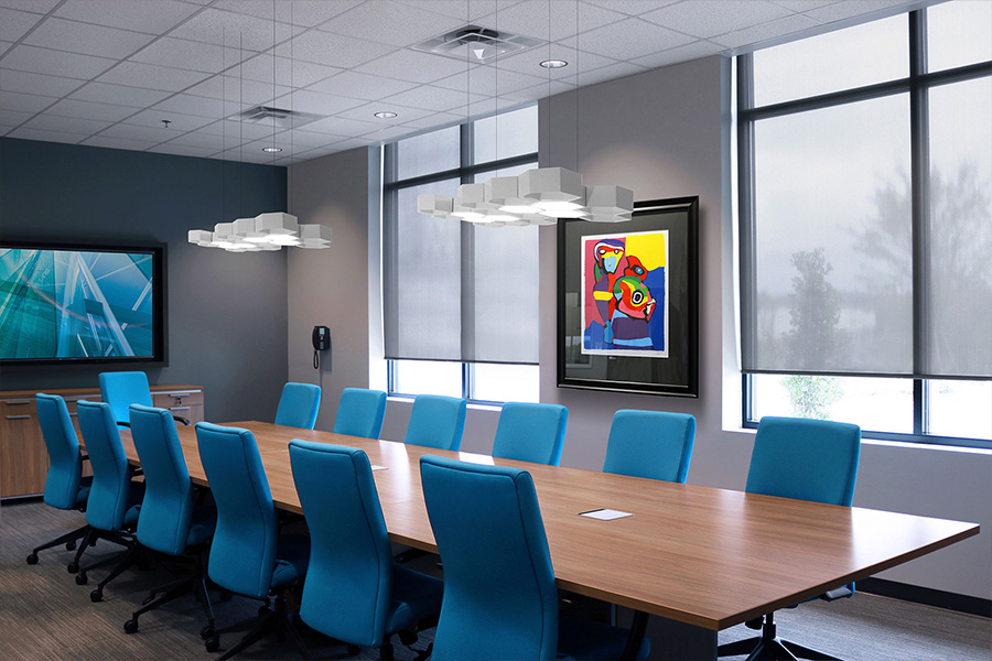 Roller shades add elegance and convenience at your business. Boardroom with roller shades.