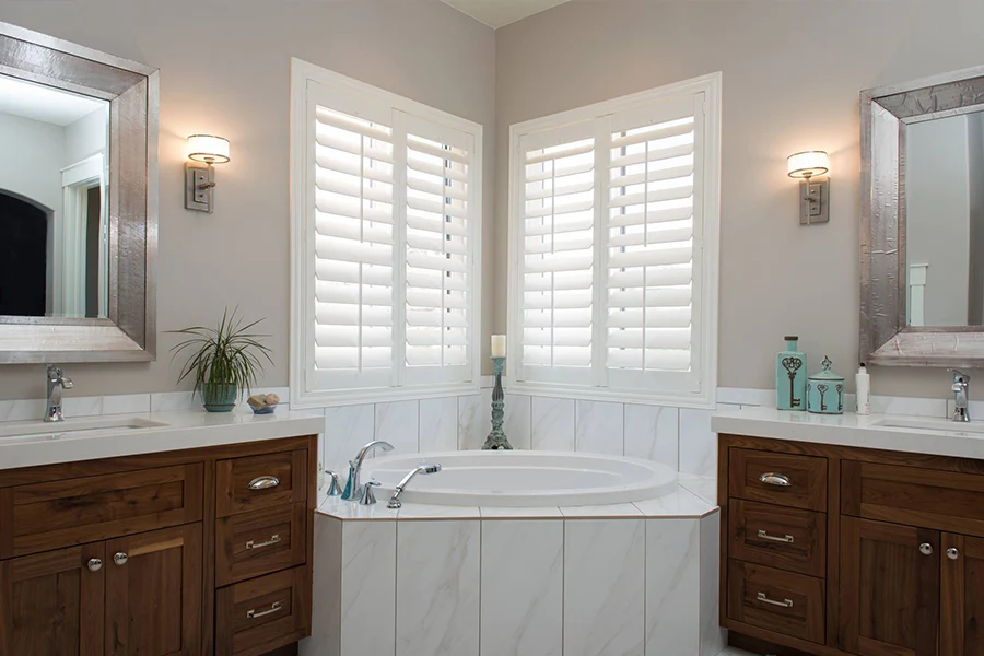 Polywood shutters on bathroom windows