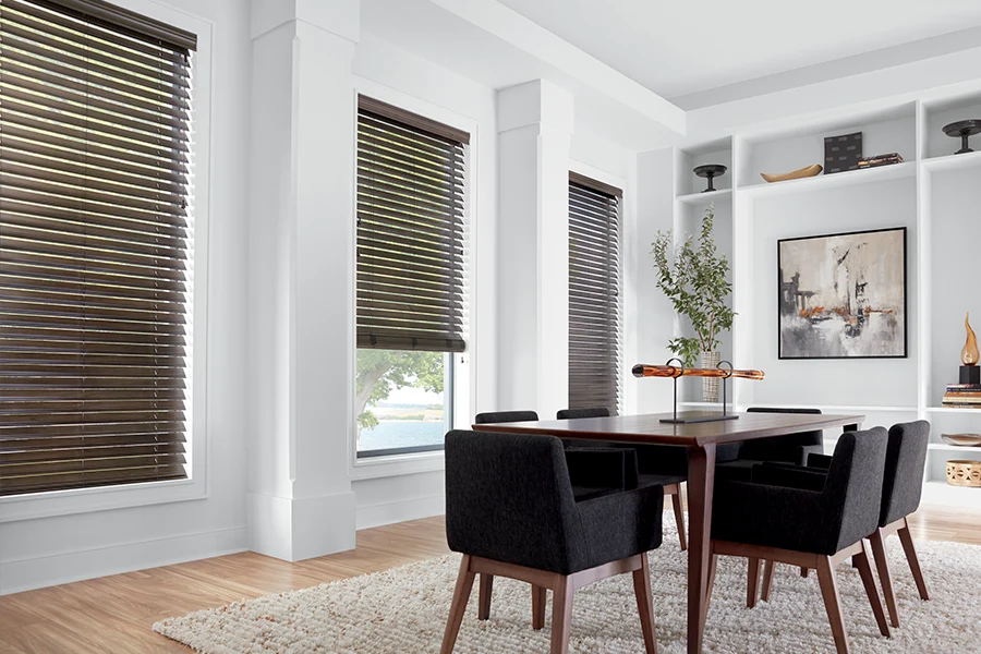 Wood blinds on dining room windows