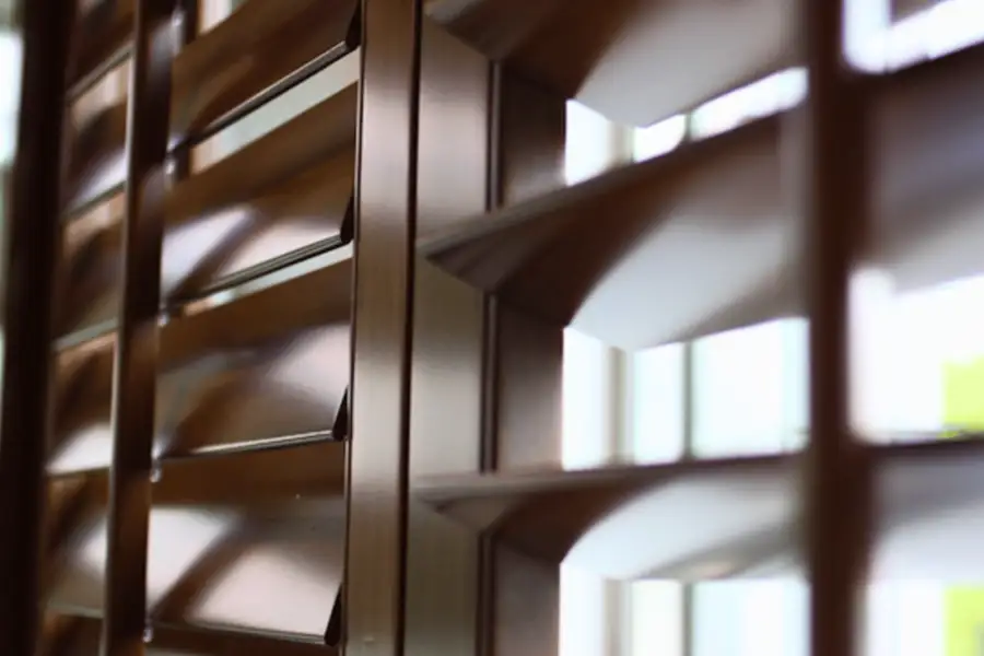 Picking the slat size is just one way to customize your faux wood window blinds. Closeup of brown faux wood blinds slats.