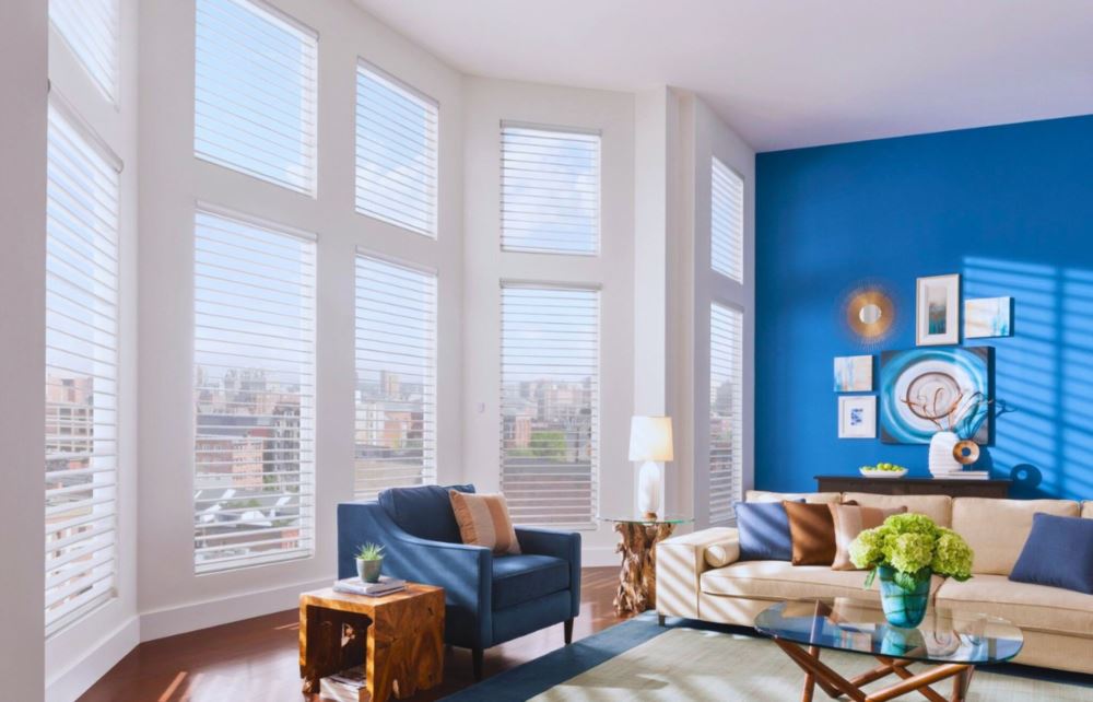 Get the right amount of light and privacy for a room when you choose the opacity of your custom window shades. White sheer shades on tall living room windows