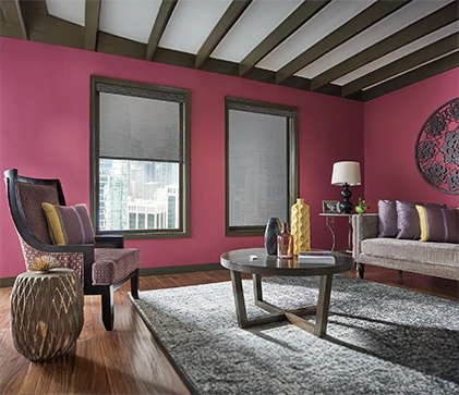 Gray solar shades in an urban decorated living room
