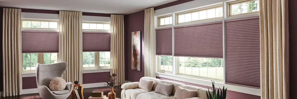 Mauve cellular blinds and tan drapes on windows in a mauve living room