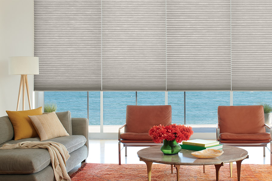 Motorized shades on large living room windows