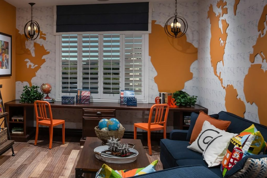 Energy-efficient Polywood shutters is beneficial to conserve energy in a large multi-functional room. White polywood shutters in a large living room