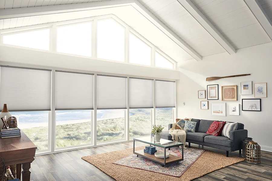 Schedule window shades to lower at peak sun times to keep your interior comfortable. A sunroom with light gray cellar shades with a beach outside of the windows