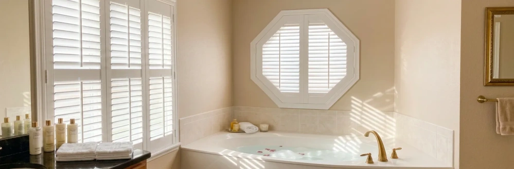 White plantation shutters on an octagon shaped window above a spa whirlpool tub in a bathroom