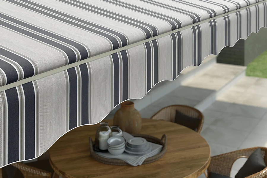 With many colors and proprietary stripes, our custom awnings give your home a one-of-a-kind look. Close-up view of a striped awning over a patio